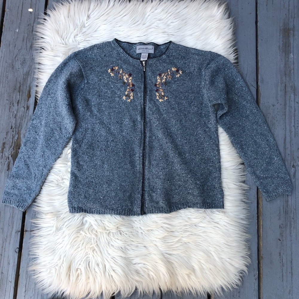 Eddie Bauer Wool Blend 3D Floral Embroidered Zip Up Gray Sweater Cardigan size S